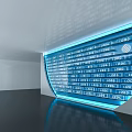 Exhibition Hall Culture Wall With Multiple Company Logos And Blue Lighting