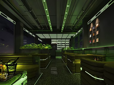 Modern Café Interior With Green Lighting Sofa Seats And Plant Decor 3d model