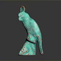 Turquoise Colored Parrot Statue With Red Crest Standing On Spiral Pattern Base Against Dark Background