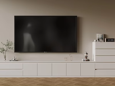 Modern White TV Stand With Wall Mounted TV And Decorative Plant Ornaments In Living Room 3d model