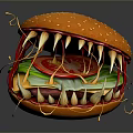 Monster Like Burger With Sharp Teeth Lettuce Tomato And Dripping Sauce