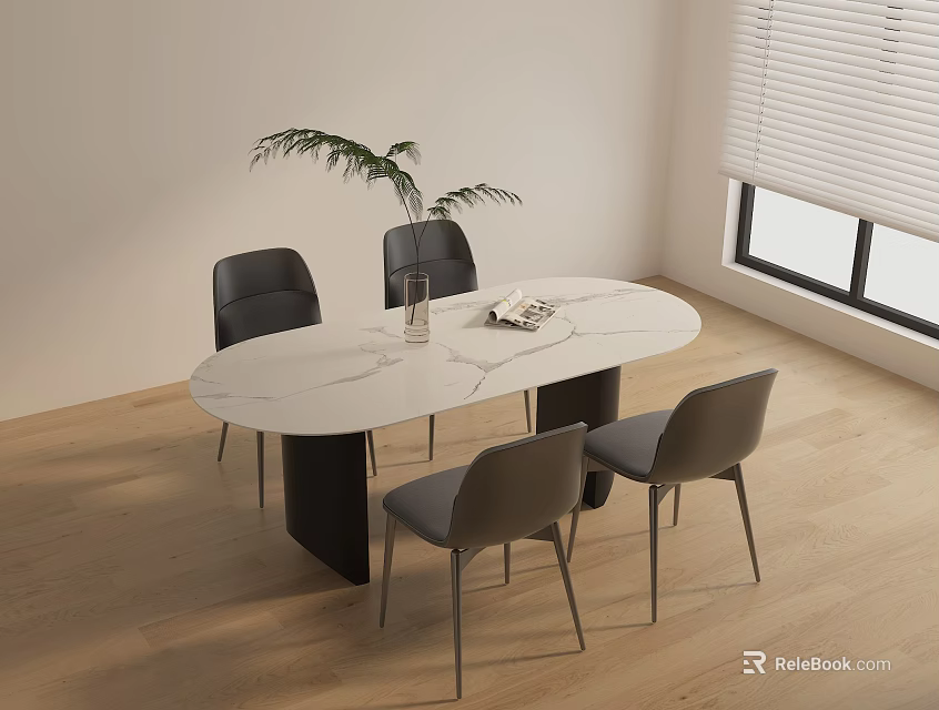 Modern Oval Marble Dining Table With Four Chairs And Green Plant In Bright Room 3d model 