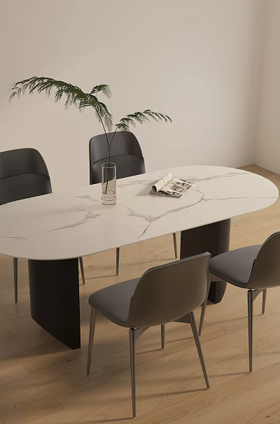 Modern Oval Marble Dining Table With Four Chairs And Green Plant In Bright Room 3d model
