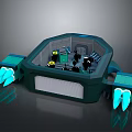 Sci Fi Control Room With Octagonal Structure Blue Glowing Panels And People Inside