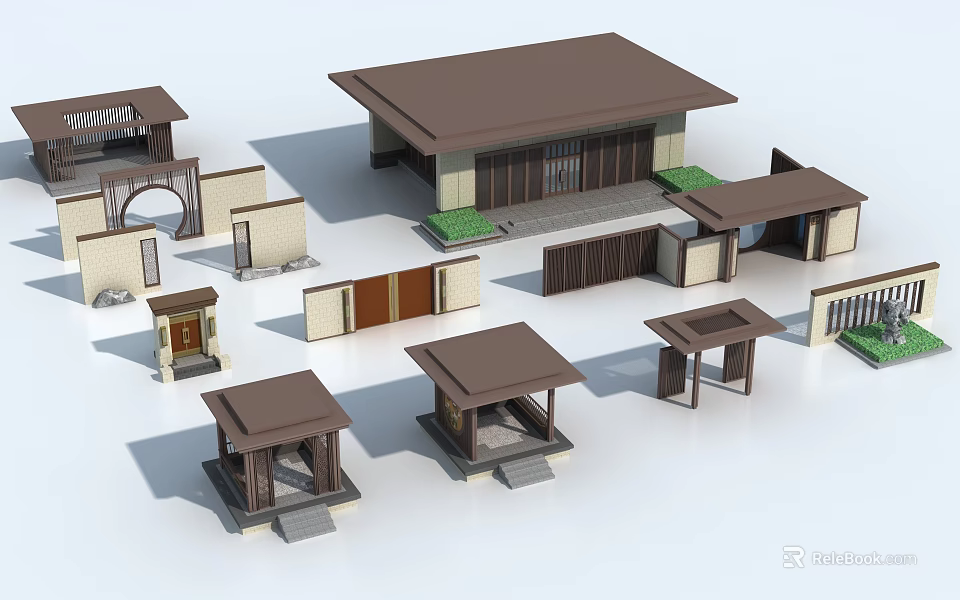 Traditional Garden Wall Design With Various Wooden Structures And Pavilion Elements 3d model