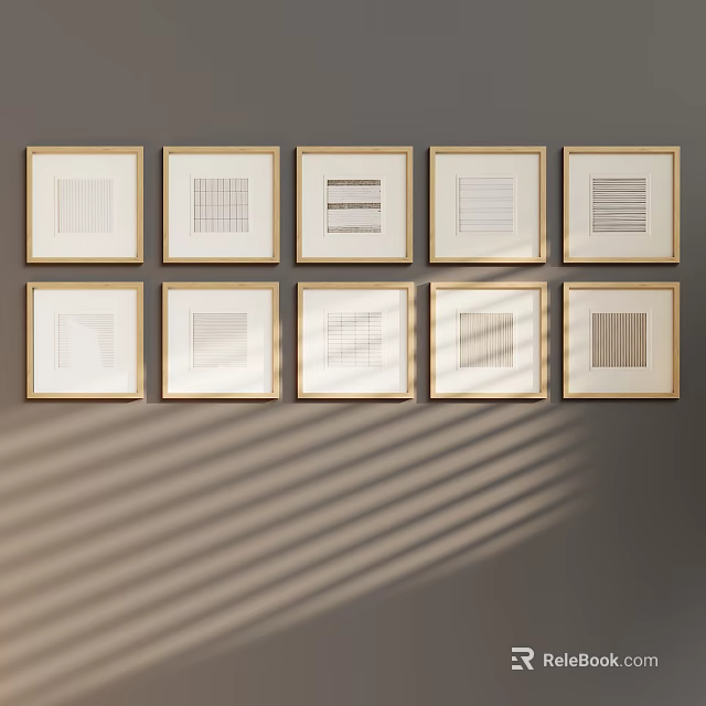 Modern Abstract Paintings with Golden Frames on Gray Wall and Diagonal Light Shadows 3d model 