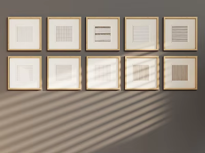 Modern Abstract Paintings with Golden Frames on Gray Wall and Diagonal Light Shadows 3d model