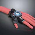 Futuristic Wrist Mounted Device With Circular Dial And Black Strap Details