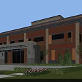 Red Brick Office Building Exterior With Large Windows Columns And Landscaped Lawn