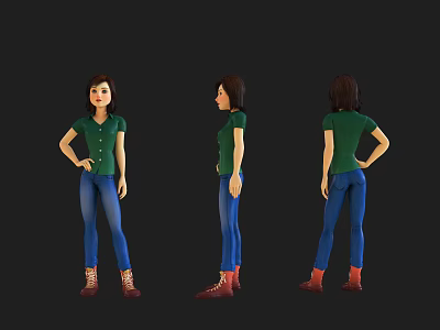 Game and Movie Character with Green Top Blue Jeans Red Boots Dark Short Hair Standing 3d model