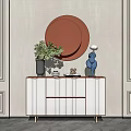 Modern Entryway Console Table And Side Cabinet With Round Mirror Green Plant And Decorative Items