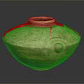 Sculptural Carving of Ancient Terracotta Vessel with Red Brown Patterns and Round Shape