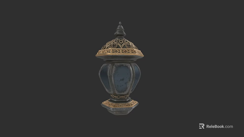 Vintage Decorative Lamp Featuring Intricate Carvings Gold Trim Blue Shade And Ornate Base 3d model 