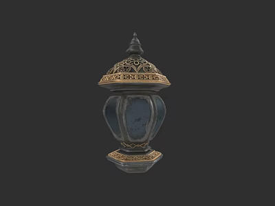 Vintage Decorative Lamp Featuring Intricate Carvings Gold Trim Blue Shade And Ornate Base 3d model