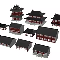 Traditional Chinese Ancient Architecture Models with Classic Roof and Red Wooden Structures