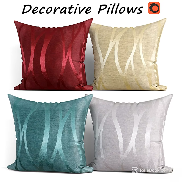 Decorative Throw Pillows With Red Gold Teal Gray And Wavy Lines Pattern 3d model