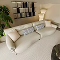 Bright Modern Sofa Set in Living Room With Plants Bookshelf Floor Lamp and Ottoman