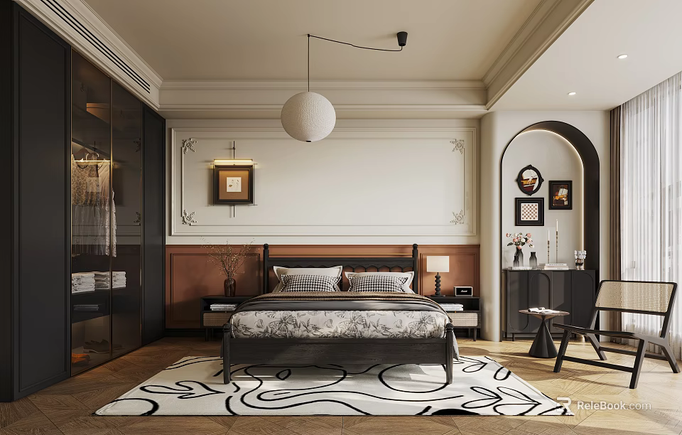 Modern Bedroom Interior Design With Bedside Tables Pendant Light And Decorative Rug 3d model 