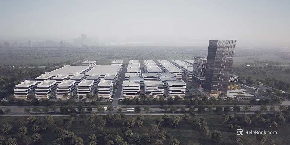 Modern Office Buildings Complex With Green Landscaping And Surrounding Roads 3d model 