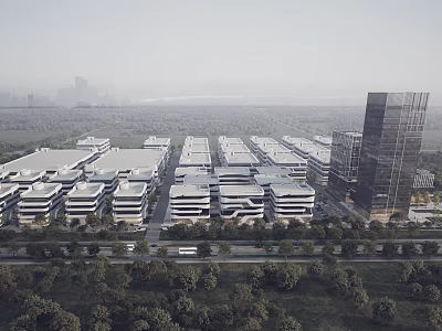 Modern Office Buildings Complex With Green Landscaping And Surrounding Roads 3d model
