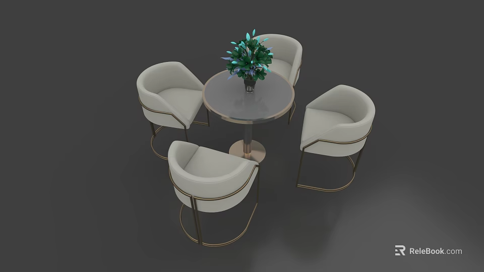 Modern Round Negotiation Table and Chairs with White Upholstered Seats Metal Legs and Green Plant 3d model 