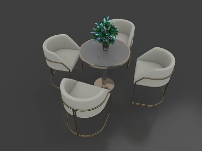 Modern Round Negotiation Table and Chairs with White Upholstered Seats Metal Legs and Green Plant 3d model
