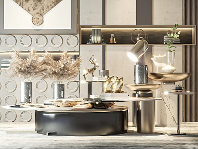 Modern Black Circular Coffee Table Interior With Metal Accents Decorations And Lighting 3d model