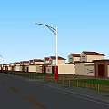 Row of Houses with Red Roofs Along Roadside Featuring Street Lamps Greenery and Black Car