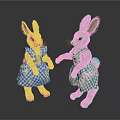 Adorable Stuffed Rabbit Dolls Wearing Blue And White Checkered Dresses Standing On Black Reflective Surface