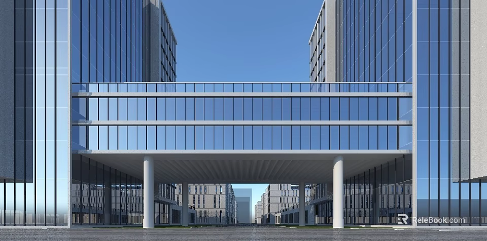 Modern Main Entrance Gate With Glass Curtain Wall White Columns And Spacious Design 3d model 