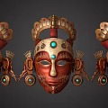 Ornate Red Mask Featuring Golden Decorations Blue Gemstones Crown Top And Side Ornaments