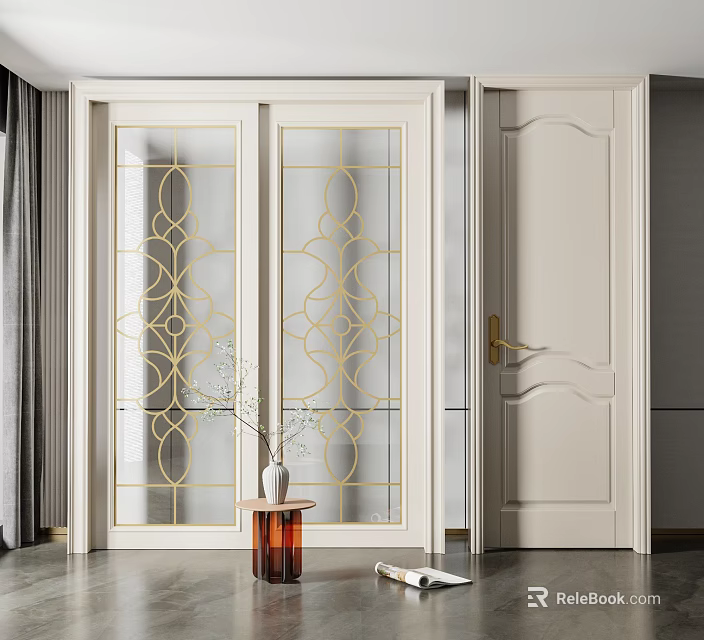 Modern Sliding Doors With Gold Patterned Glass For Elegant Home Interior Design 3d model 
