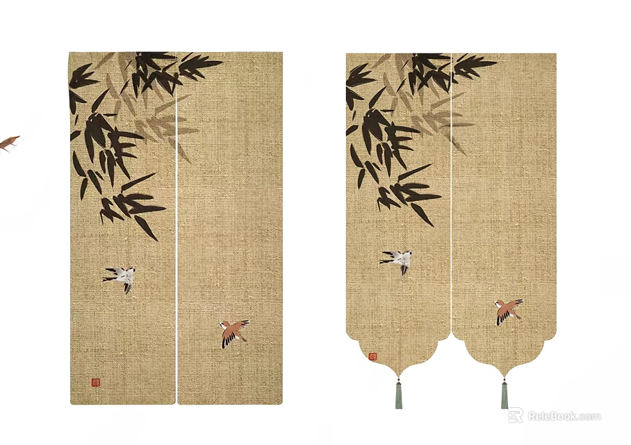 Decorative Linen Curtains With Bamboo Leaves And Small Flying Birds 3d model 