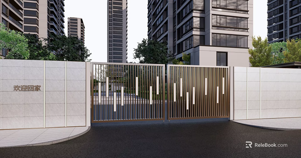 Modern Metal Entrance Gate With Vertical Slats High Rise Buildings And Green Plants 3d model 