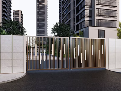 Modern Metal Entrance Gate With Vertical Slats High Rise Buildings And Green Plants 3d model