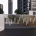 Modern Metal Entrance Gate With Vertical Slats High Rise Buildings And Green Plants