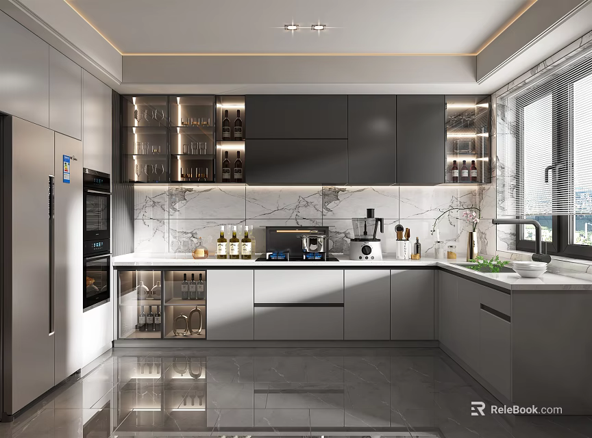 Modern Kitchen Interior Design With Gray Cabinets Marble Countertops Stainless Steel Refrigerator And Appliances 3d model 