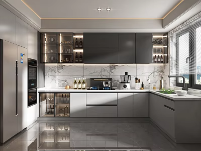 Modern Kitchen Interior Design With Gray Cabinets Marble Countertops Stainless Steel Refrigerator And Appliances 3d model