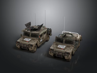 Two Military Green Armored Vehicles With Antennas Roof Racks And Number 88 Markings 3d model