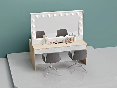 Stylish Dressing Table With LED Lighted Mirror Two Gray Chairs And Makeup Accessories Setup 3d model