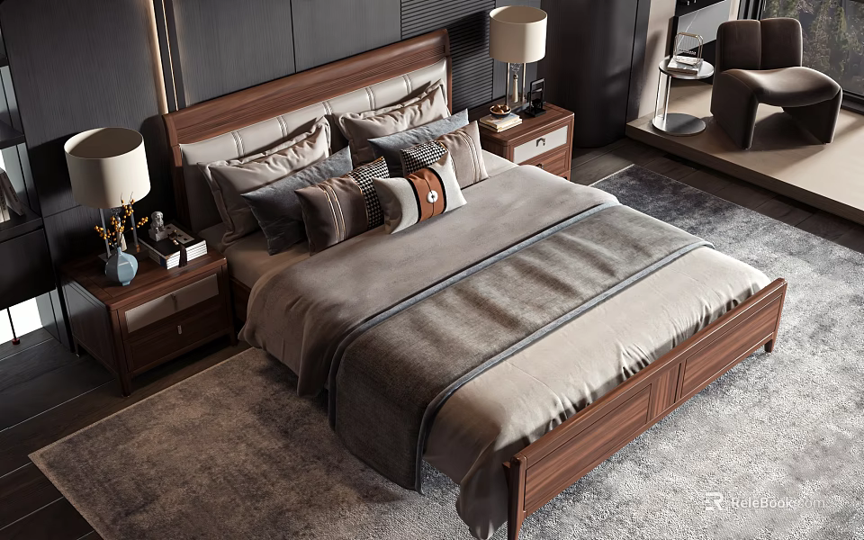 Modern Double Bed Interior With Wooden Headboard Multiple Pillows Nightstands Table Lamps And Soft Rug 3d model 