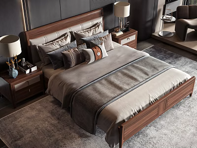 Modern Double Bed Interior With Wooden Headboard Multiple Pillows Nightstands Table Lamps And Soft Rug 3d model