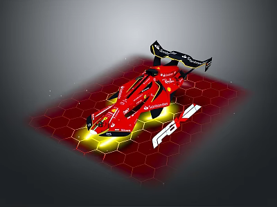 Red F2 Racing Car With Rear Wing Yellow Lights And Hexagonal Background 3d model