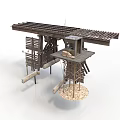 Wooden Elevated Structure With Multiple Levels Railings And Support Beams 3d model