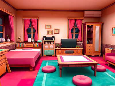Pink And Green Bedroom Interior With Pink Bed Curtains Green Carpet Coffee Table And Cushions 3d model