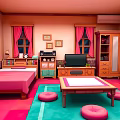 Pink And Green Bedroom Interior With Pink Bed Curtains Green Carpet Coffee Table And Cushions