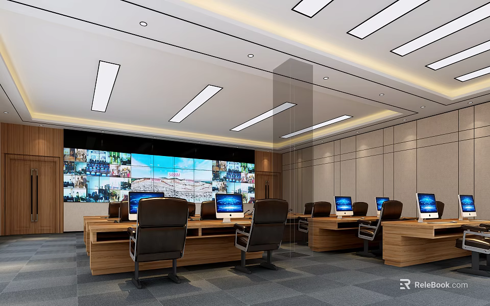 Monitoring Room Interior With Large Screens Multiple Surveillance Feeds Computer Monitors Workstations And Ceiling Lights 3d model 