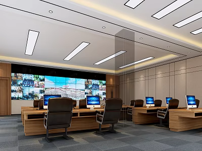 Monitoring Room Interior With Large Screens Multiple Surveillance Feeds Computer Monitors Workstations And Ceiling Lights 3d model
