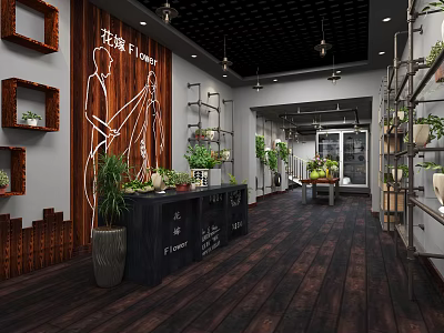 Flower Shop Interior Design With Wooden Decor Display Shelves And Green Plants 3d model