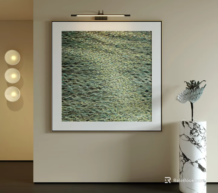 Abstract Painting With Textured Green Gold Tones Framed Wall Art For Modern Home Interior Decor 3d model 
